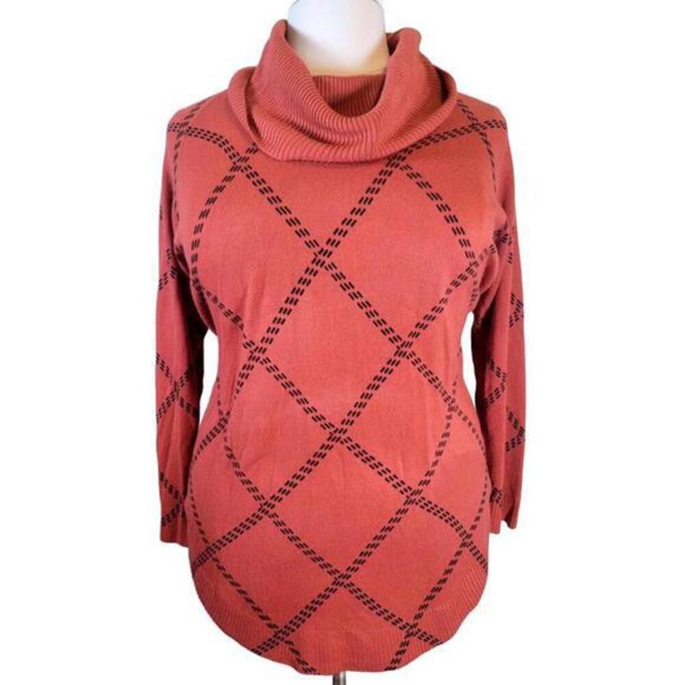 Avenue Womens Rust Orange Black Argyle Cowl Neck Sweater Plus Size 18/20
